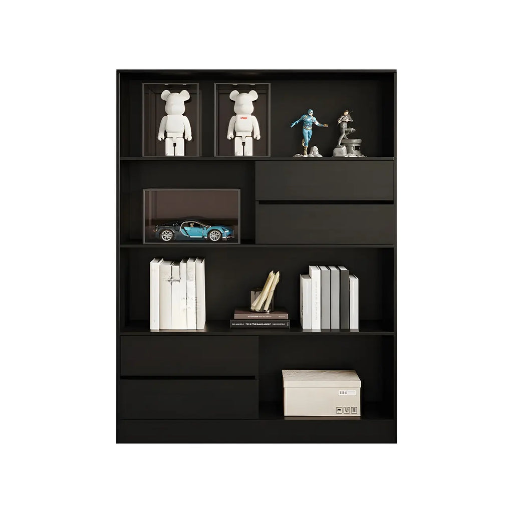 Bibliothèque de rangement contemporaine en bois noir à plusieurs étagères