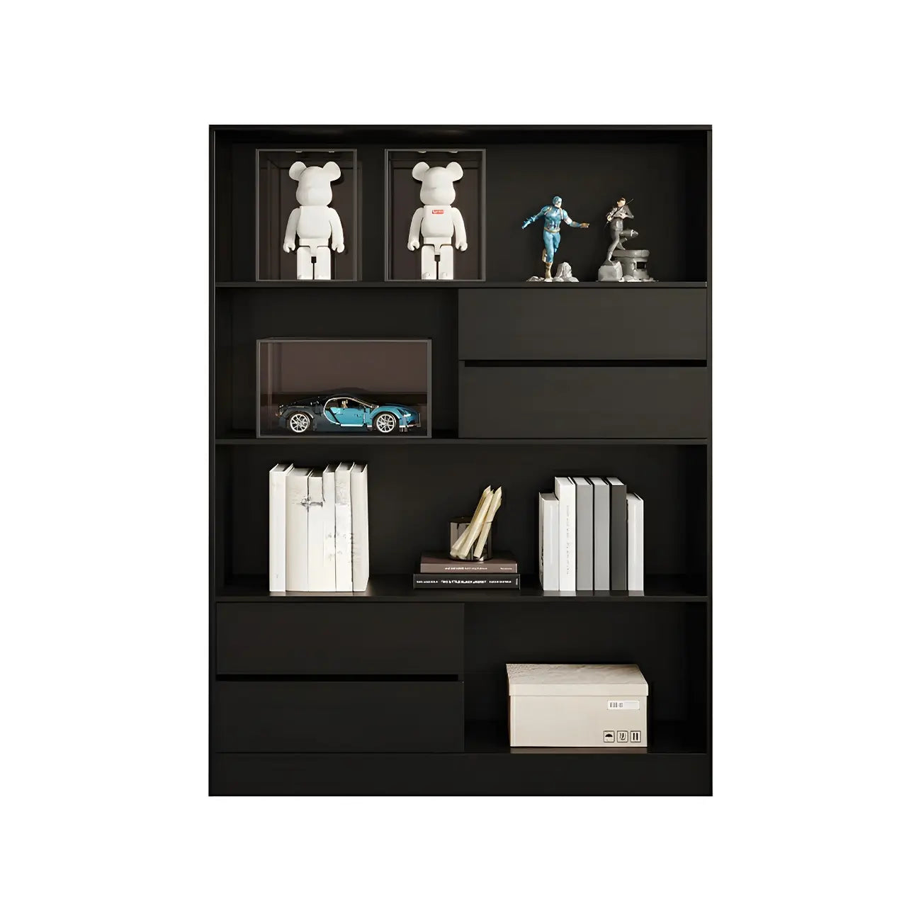 Bibliothèque de rangement contemporaine en bois noir à plusieurs étagères