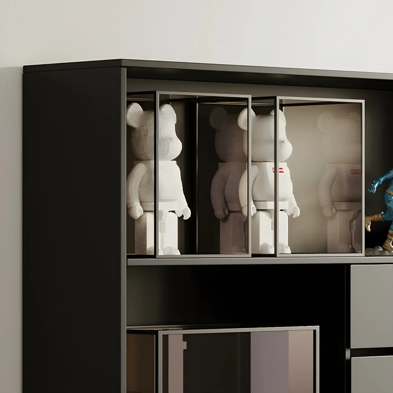 Bibliothèque de rangement contemporaine en bois noir à plusieurs étagères