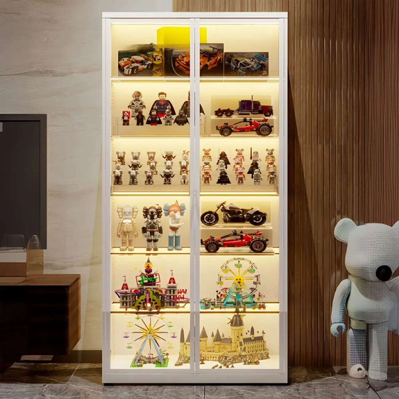 Vitrine moderne autoportante en métal et verre avec éclairage LED