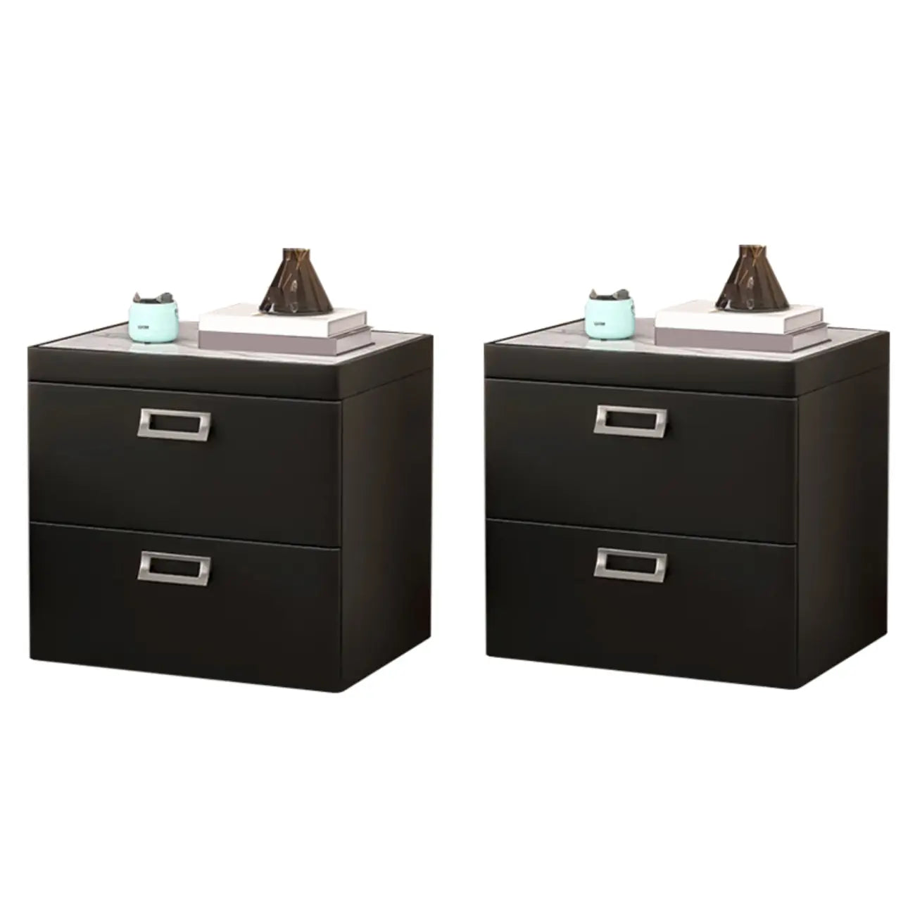 Table de chevet moderne à deux tiroirs en similicuir avec plateau en pierre
