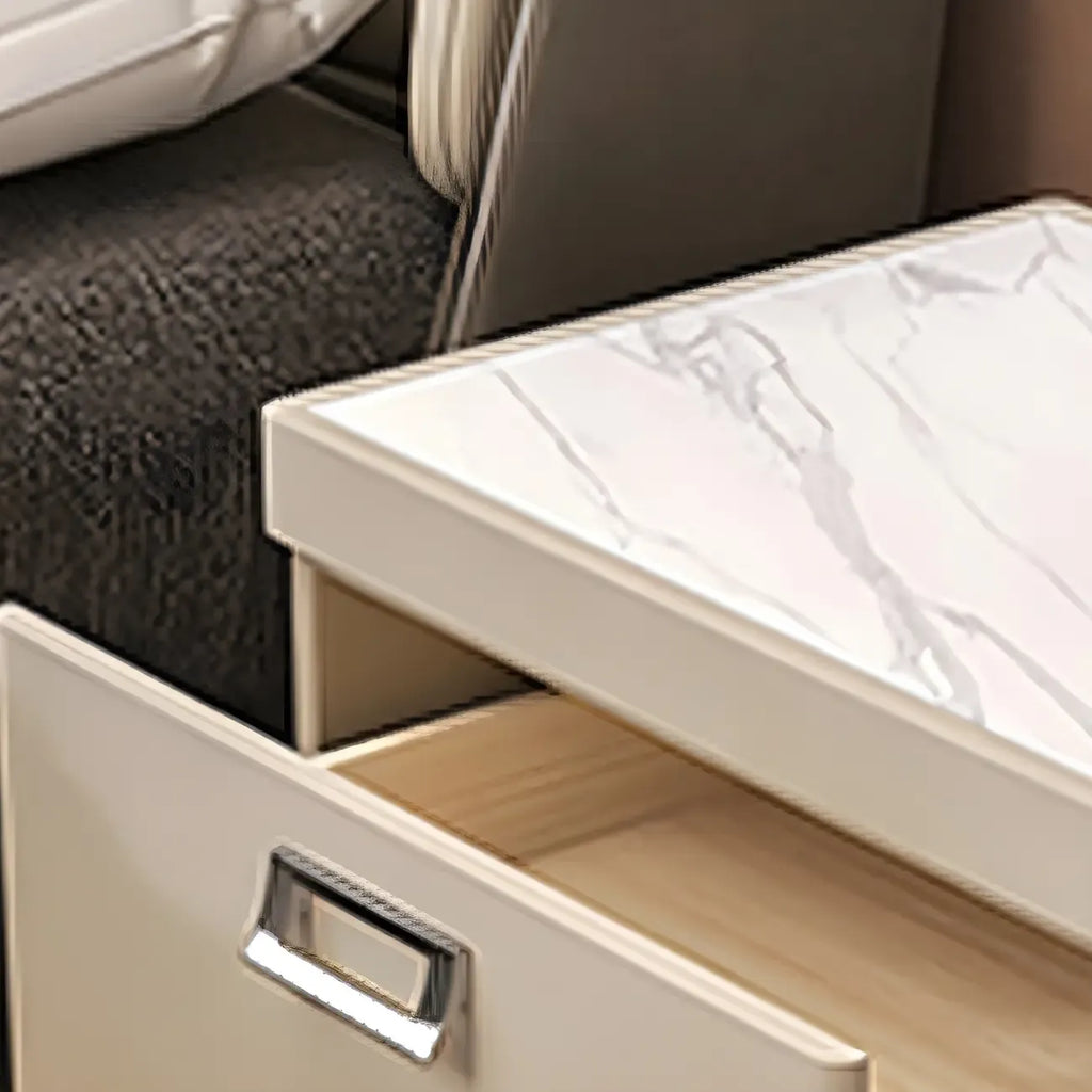 Table de chevet moderne à deux tiroirs en similicuir avec plateau en pierre