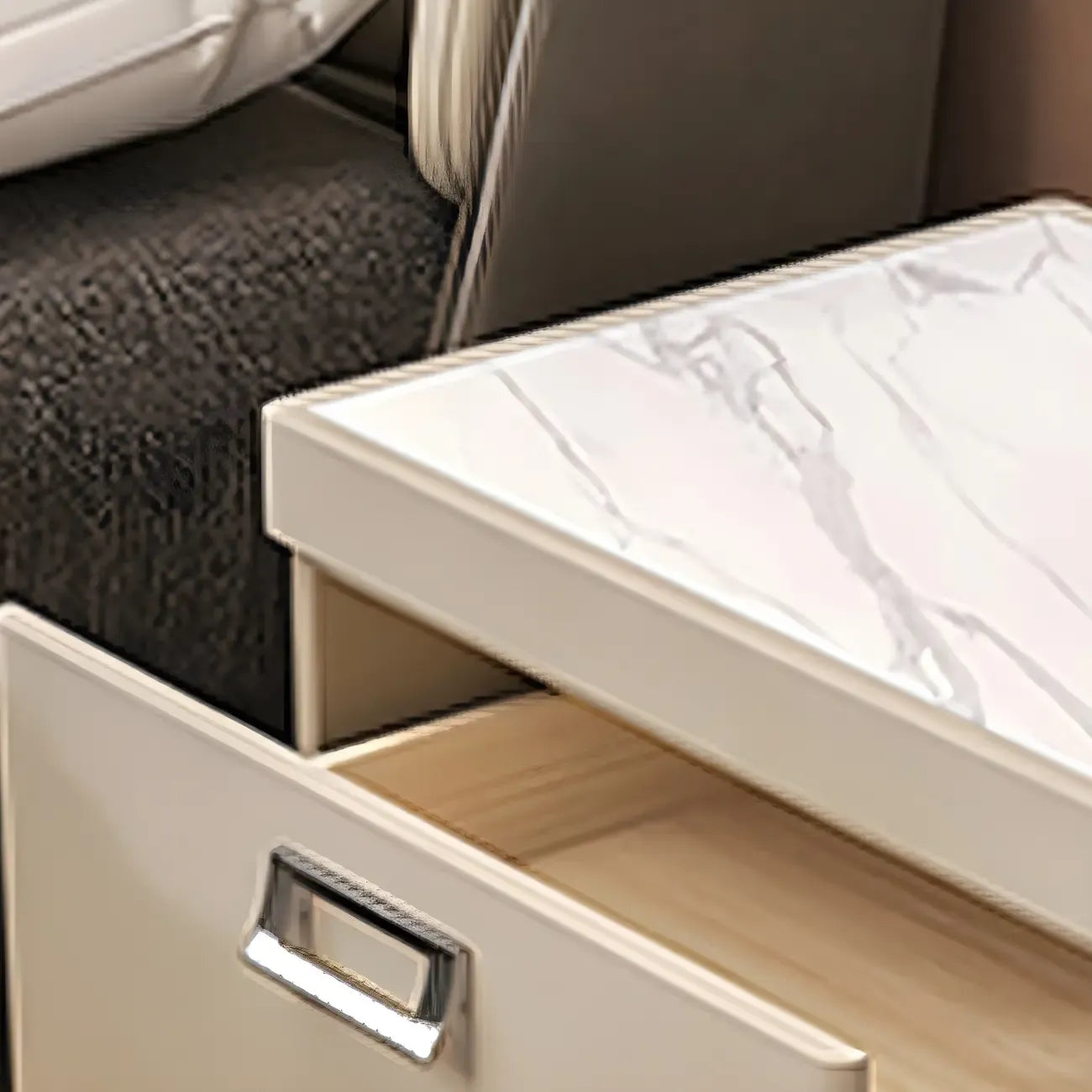 Table de chevet moderne à deux tiroirs en similicuir avec plateau en pierre