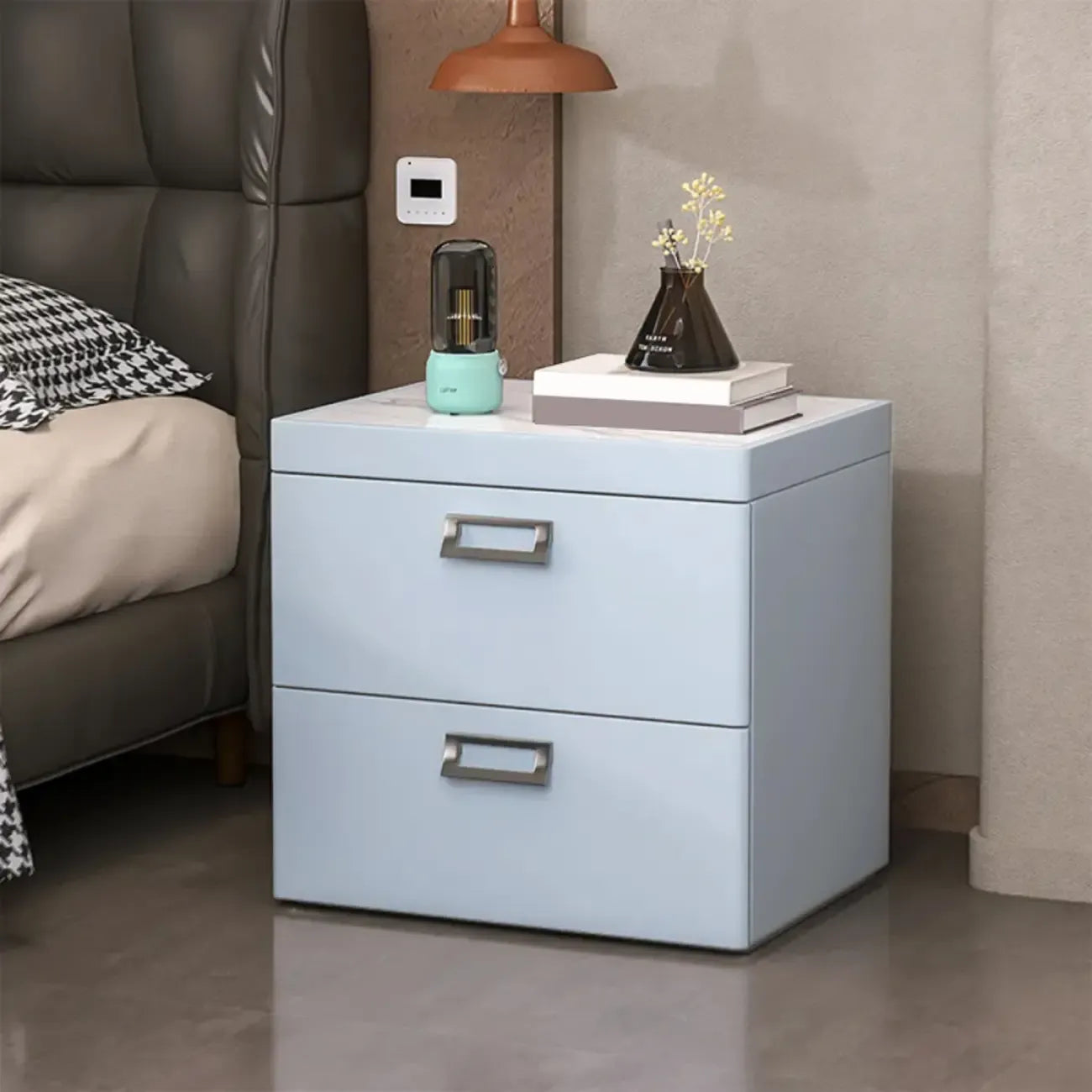 Table de chevet moderne à deux tiroirs en similicuir avec plateau en pierre