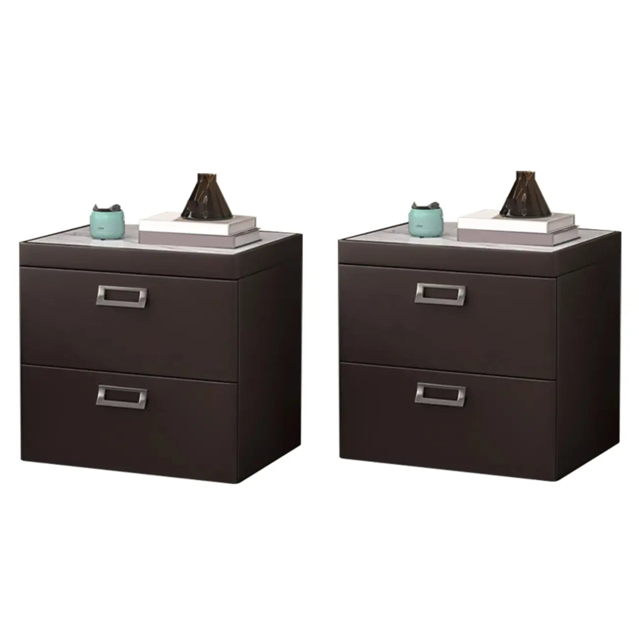 Table de chevet moderne à deux tiroirs en similicuir avec plateau en pierre