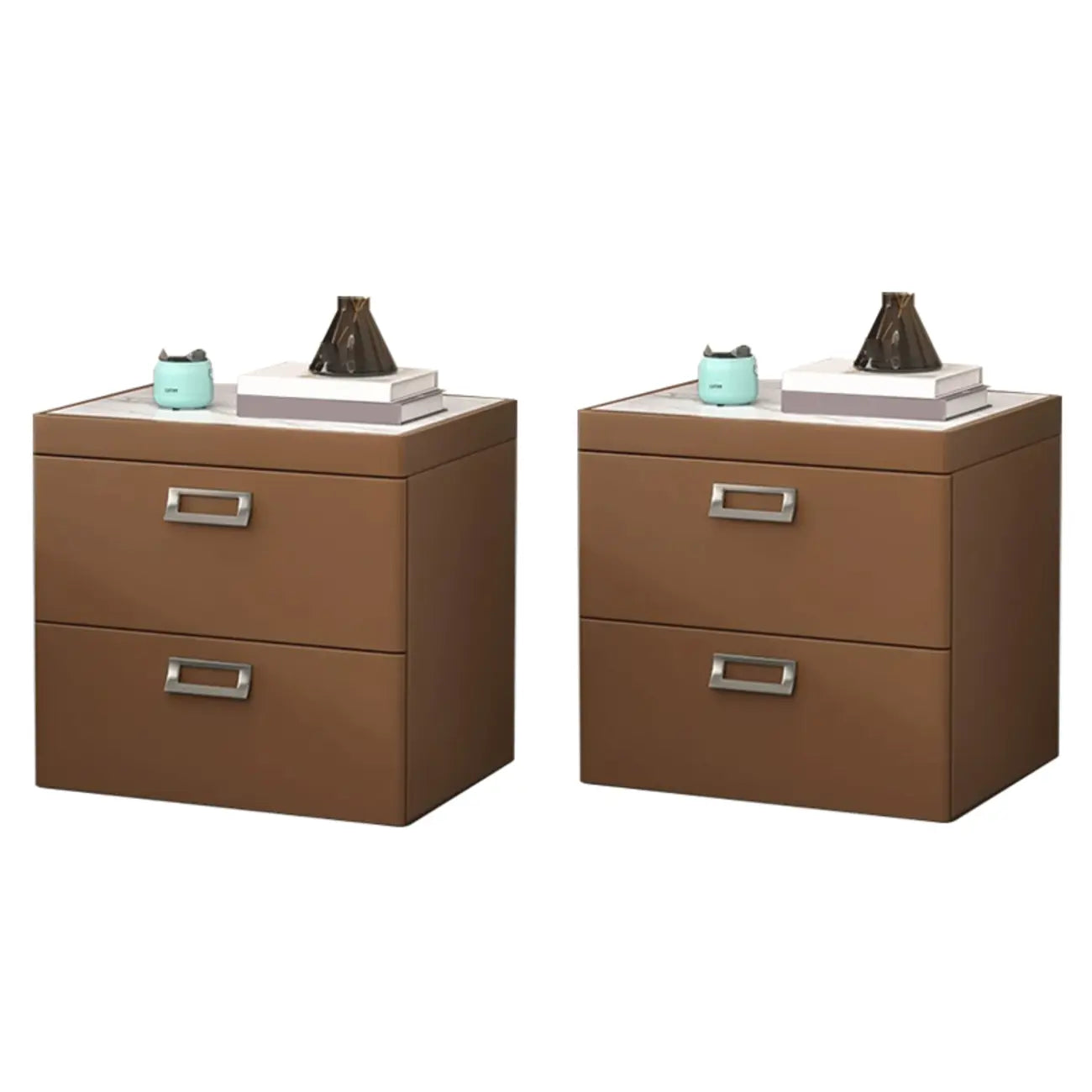 Table de chevet moderne à deux tiroirs en similicuir avec plateau en pierre