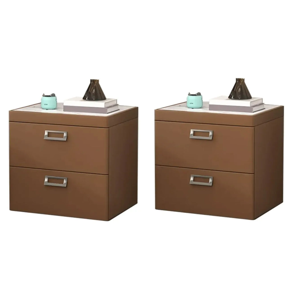 Table de chevet moderne à deux tiroirs en similicuir avec plateau en pierre