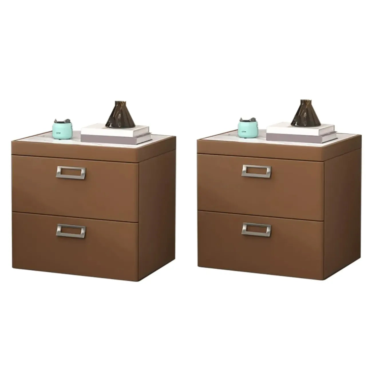 Table de chevet moderne à deux tiroirs en similicuir avec plateau en pierre