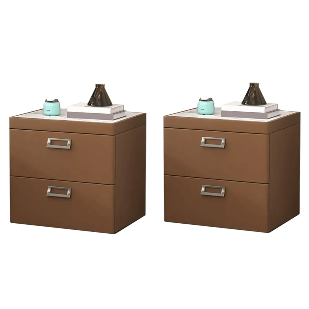 Table de chevet moderne à deux tiroirs en similicuir avec plateau en pierre