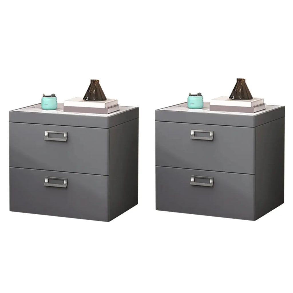 Table de chevet moderne à deux tiroirs en similicuir avec plateau en pierre