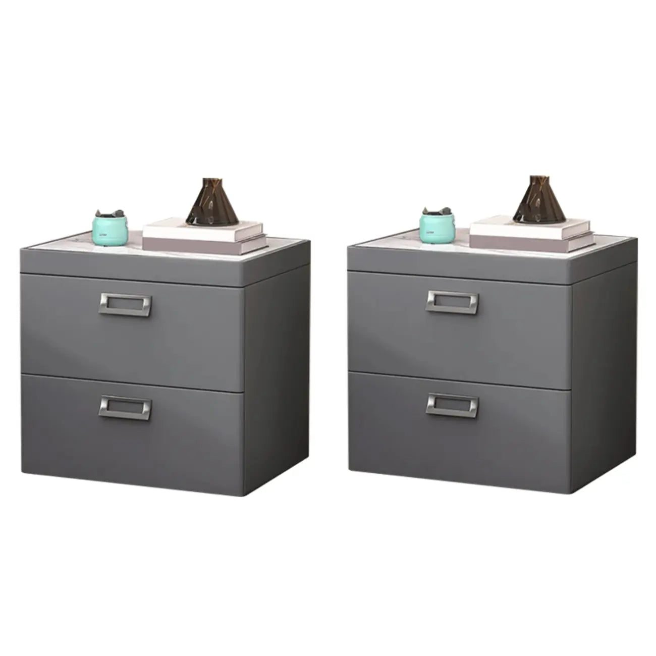 Table de chevet moderne à deux tiroirs en similicuir avec plateau en pierre