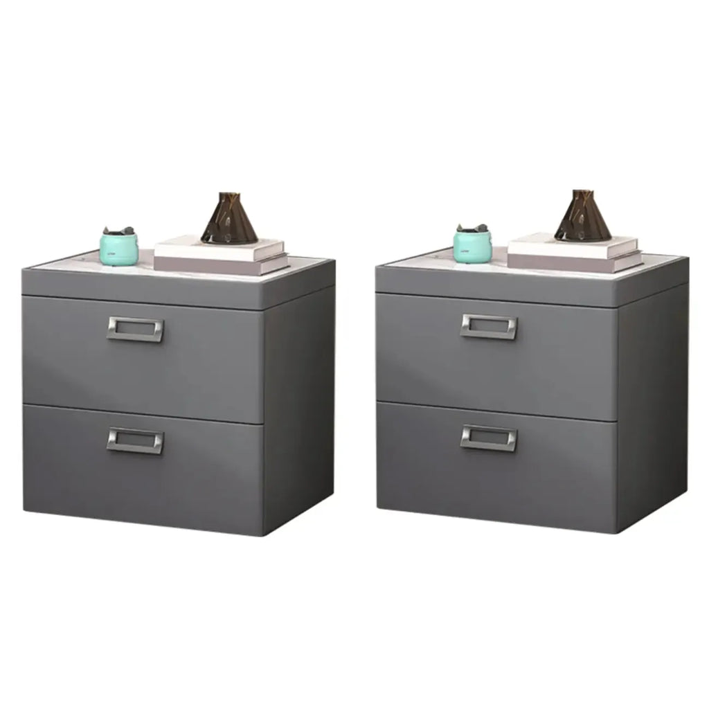 Table de chevet moderne à deux tiroirs en similicuir avec plateau en pierre