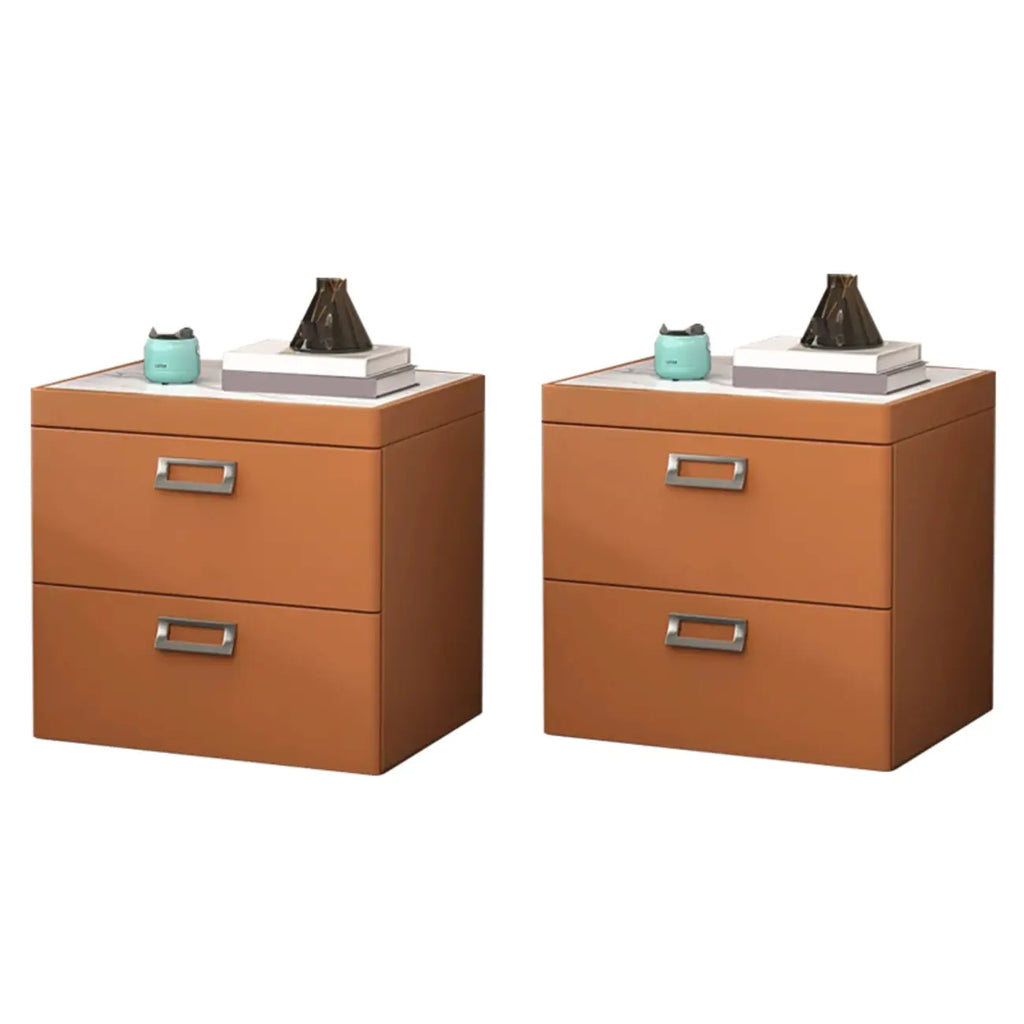 Table de chevet moderne à deux tiroirs en similicuir avec plateau en pierre