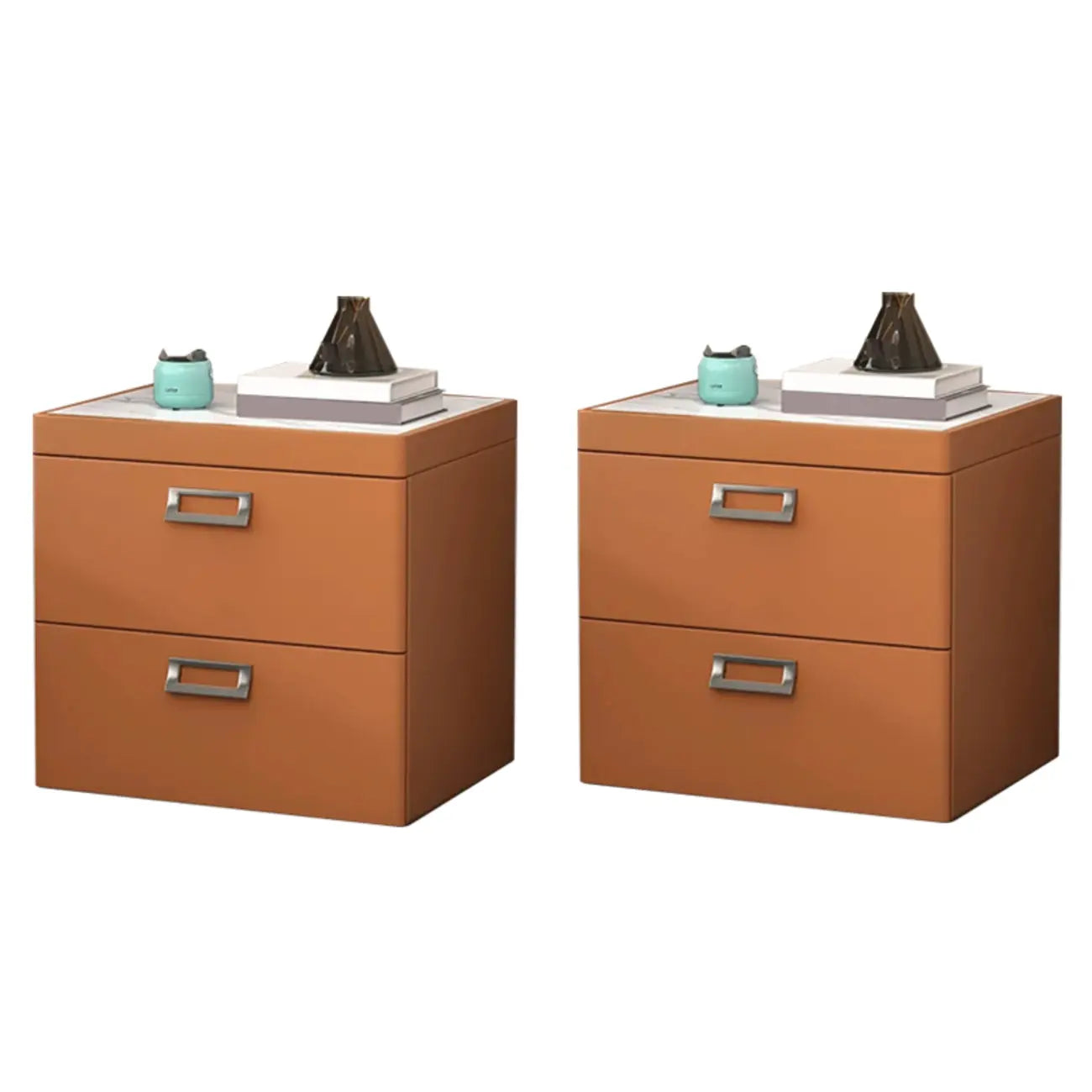 Table de chevet moderne à deux tiroirs en similicuir avec plateau en pierre