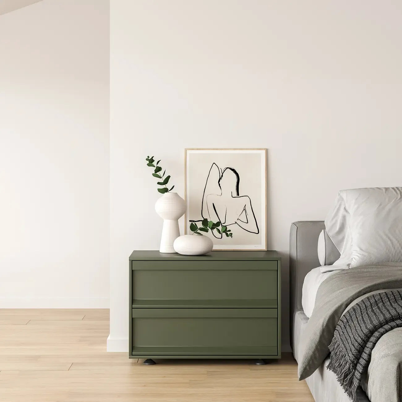 Table de chevet contemporaine en bois vert olive à 2 tiroirs