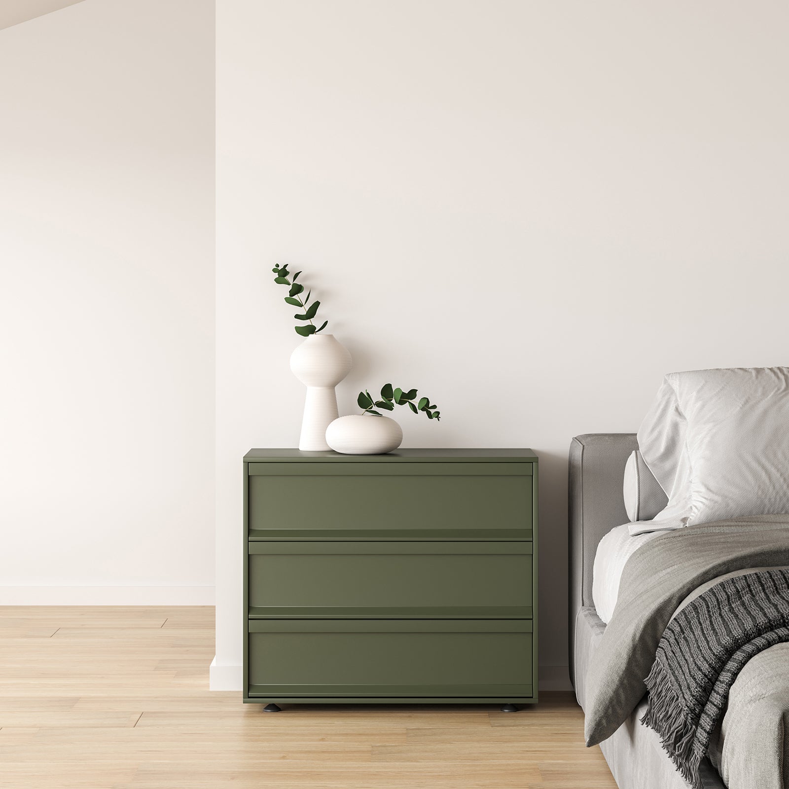 Table de chevet contemporaine en bois vert olive à 2 tiroirs