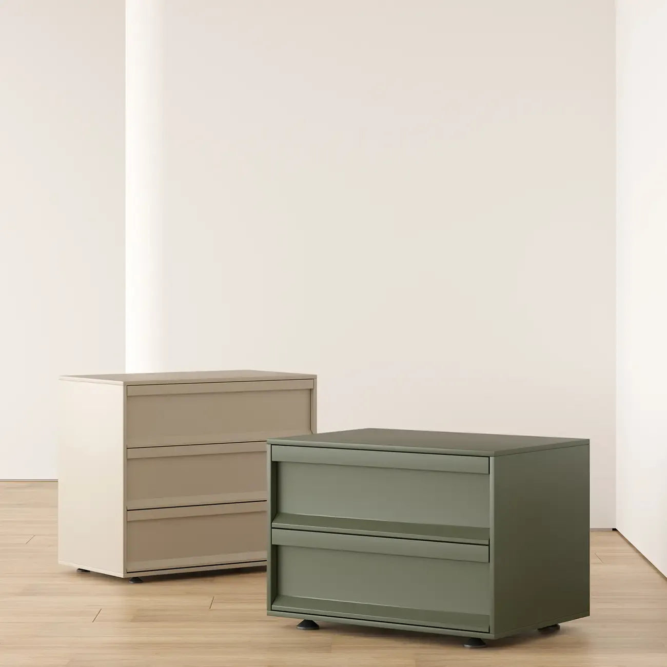 Table de chevet contemporaine en bois vert olive à 2 tiroirs