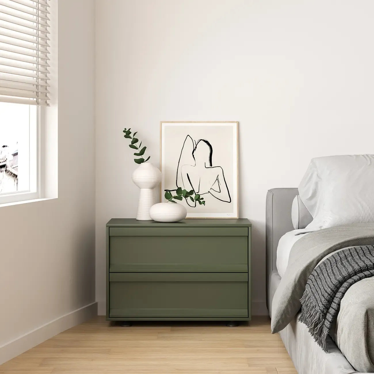 Table de chevet contemporaine en bois vert olive à 2 tiroirs