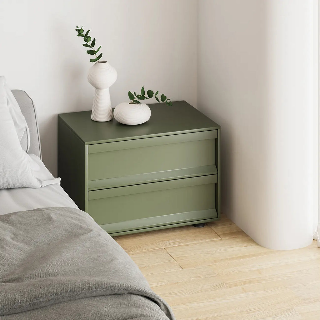 Table de chevet contemporaine en bois vert olive à 2 tiroirs
