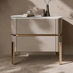 Table de chevet à 2 tiroirs en cuir beige glamour et plateau en pierre