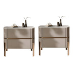 Table de chevet à 2 tiroirs en cuir beige glamour et plateau en pierre