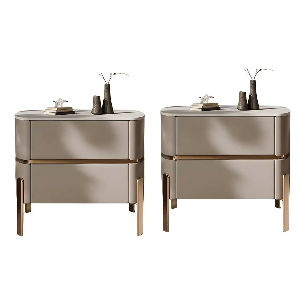 Table de chevet à 2 tiroirs en cuir beige glamour et plateau en pierre