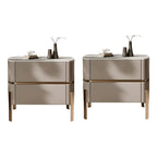 Table de chevet à 2 tiroirs en cuir beige glamour et plateau en pierre