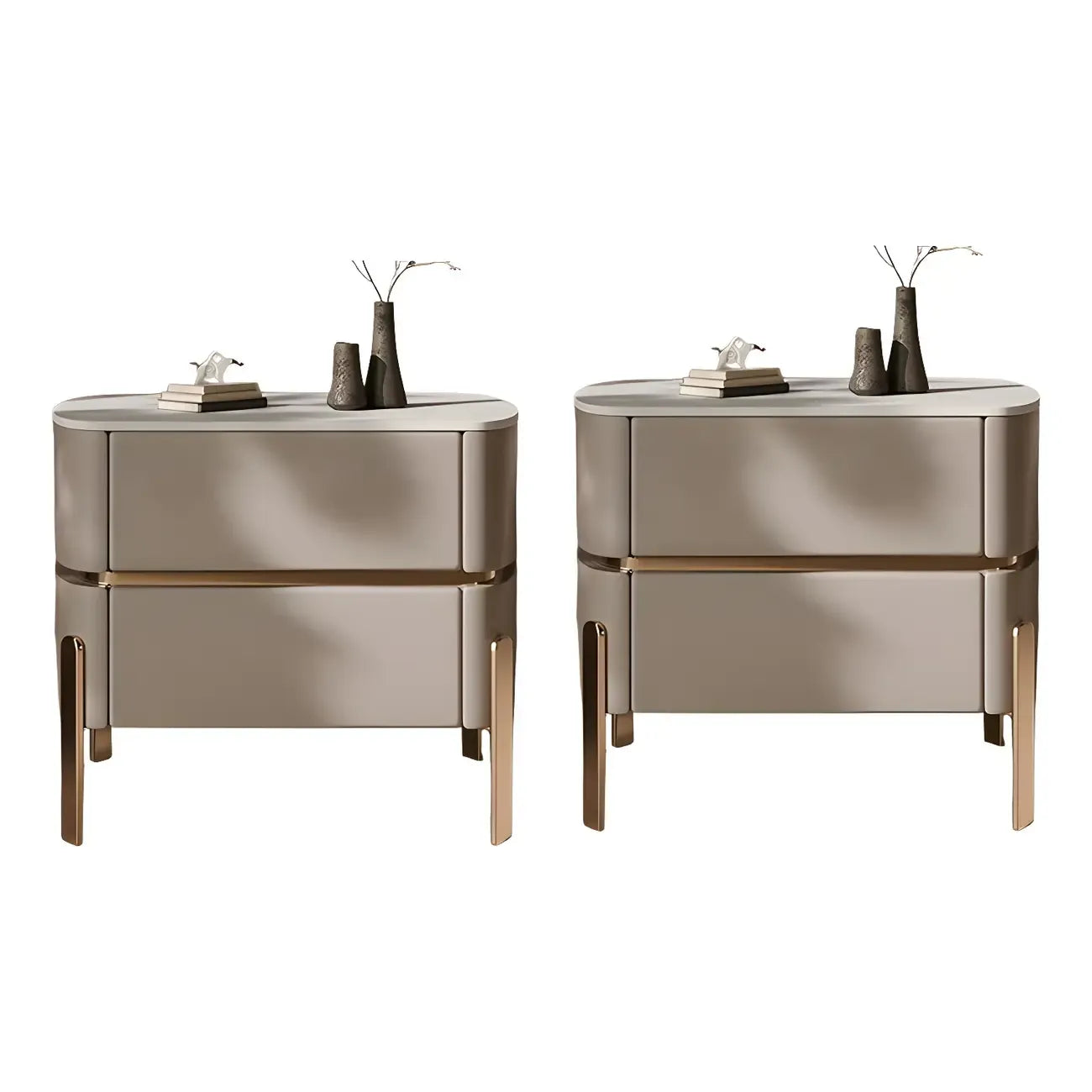 Table de chevet à 2 tiroirs en cuir beige glamour et plateau en pierre