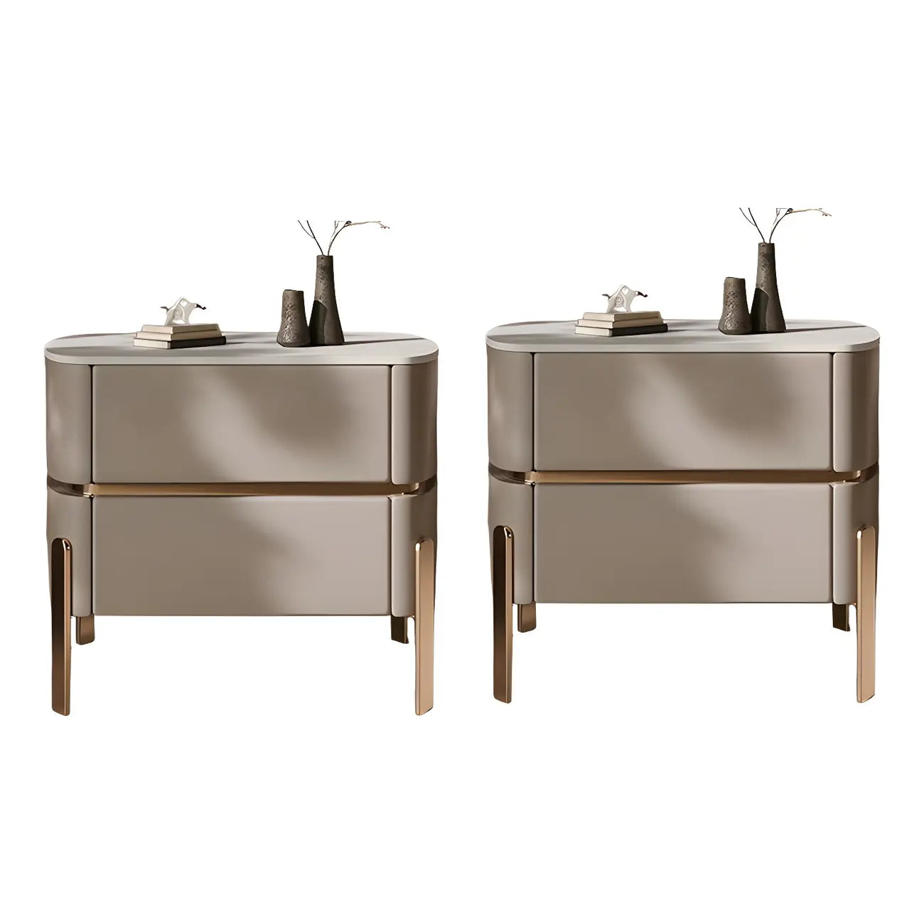 Table de chevet à 2 tiroirs en cuir beige glamour et plateau en pierre