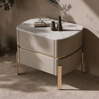 Table de chevet à 2 tiroirs en cuir beige glamour et plateau en pierre