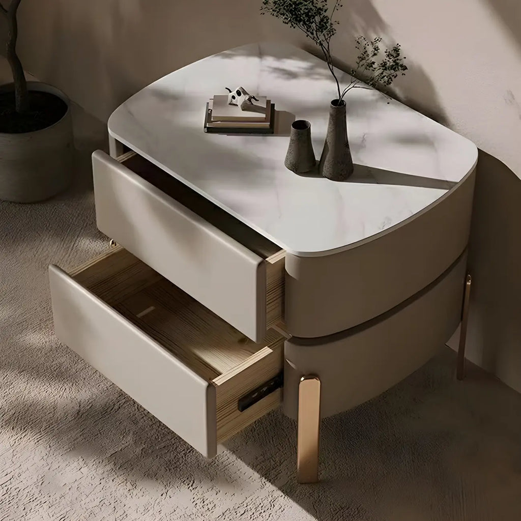 Table de chevet à 2 tiroirs en cuir beige glamour et plateau en pierre