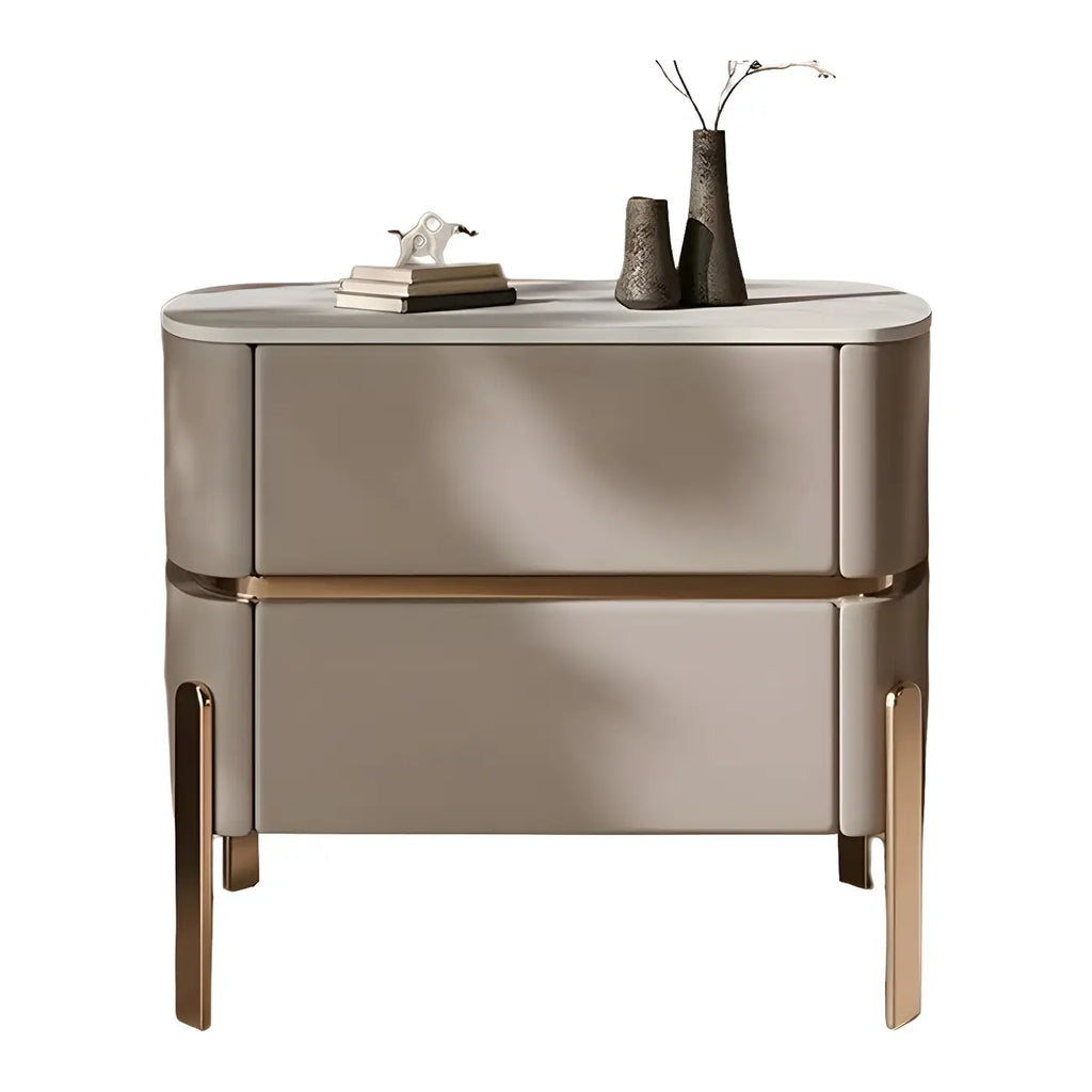 Table de chevet à 2 tiroirs en cuir beige glamour et plateau en pierre