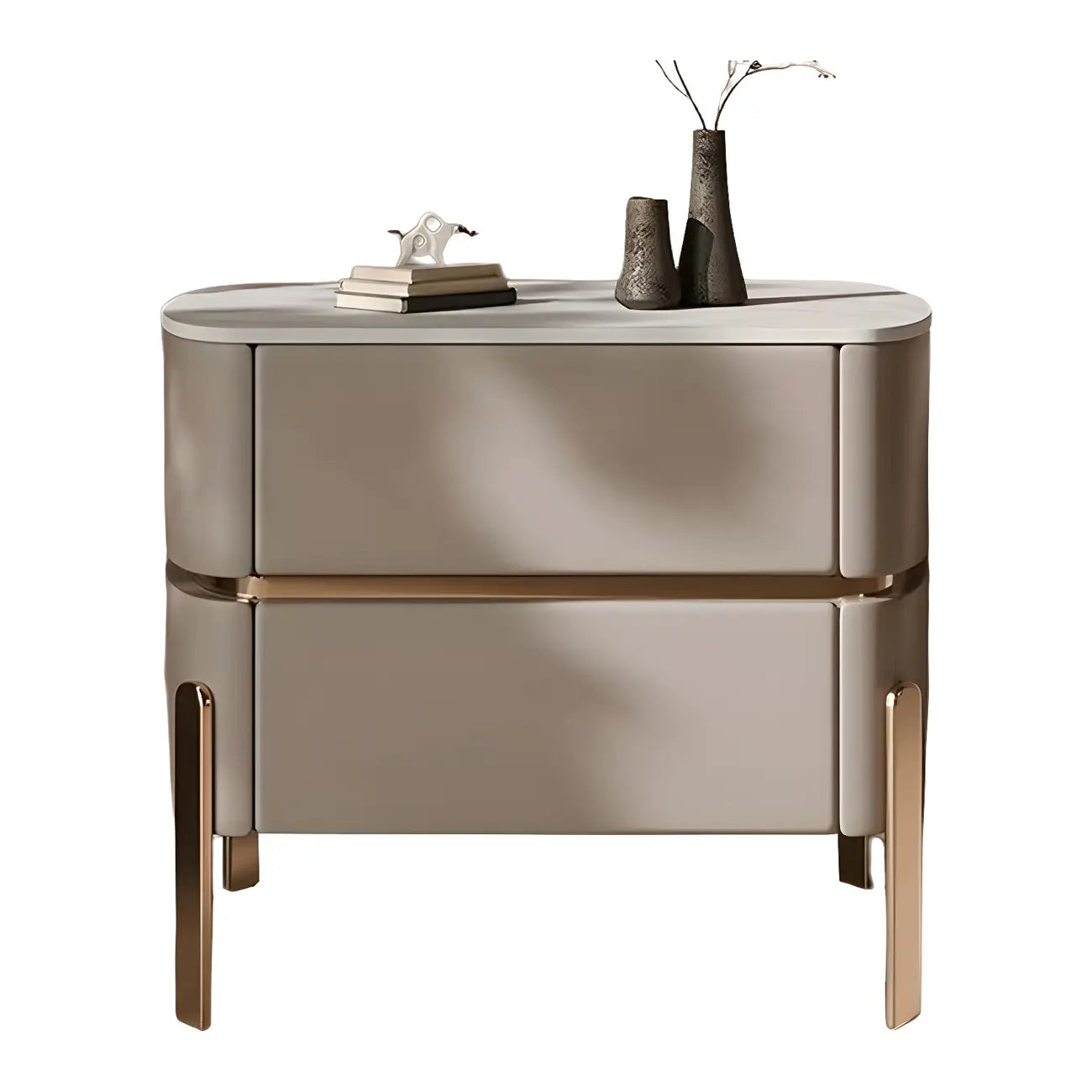 Table de chevet à 2 tiroirs en cuir beige glamour et plateau en pierre