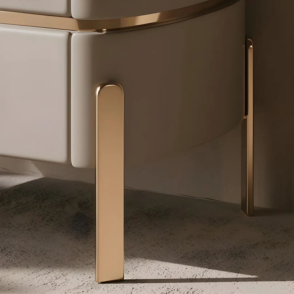 Table de chevet à 2 tiroirs en cuir beige glamour et plateau en pierre