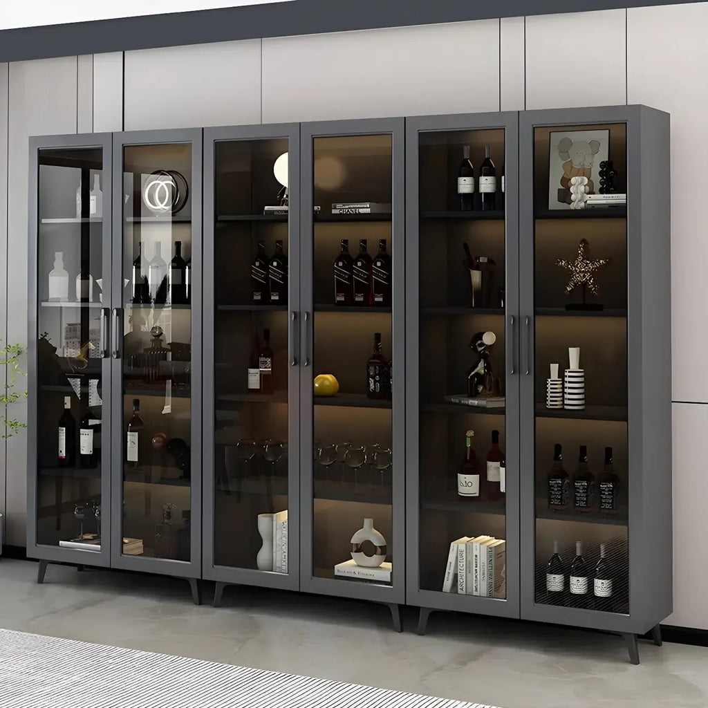 Vitrine moderne grise avec base en métal et porte en verre