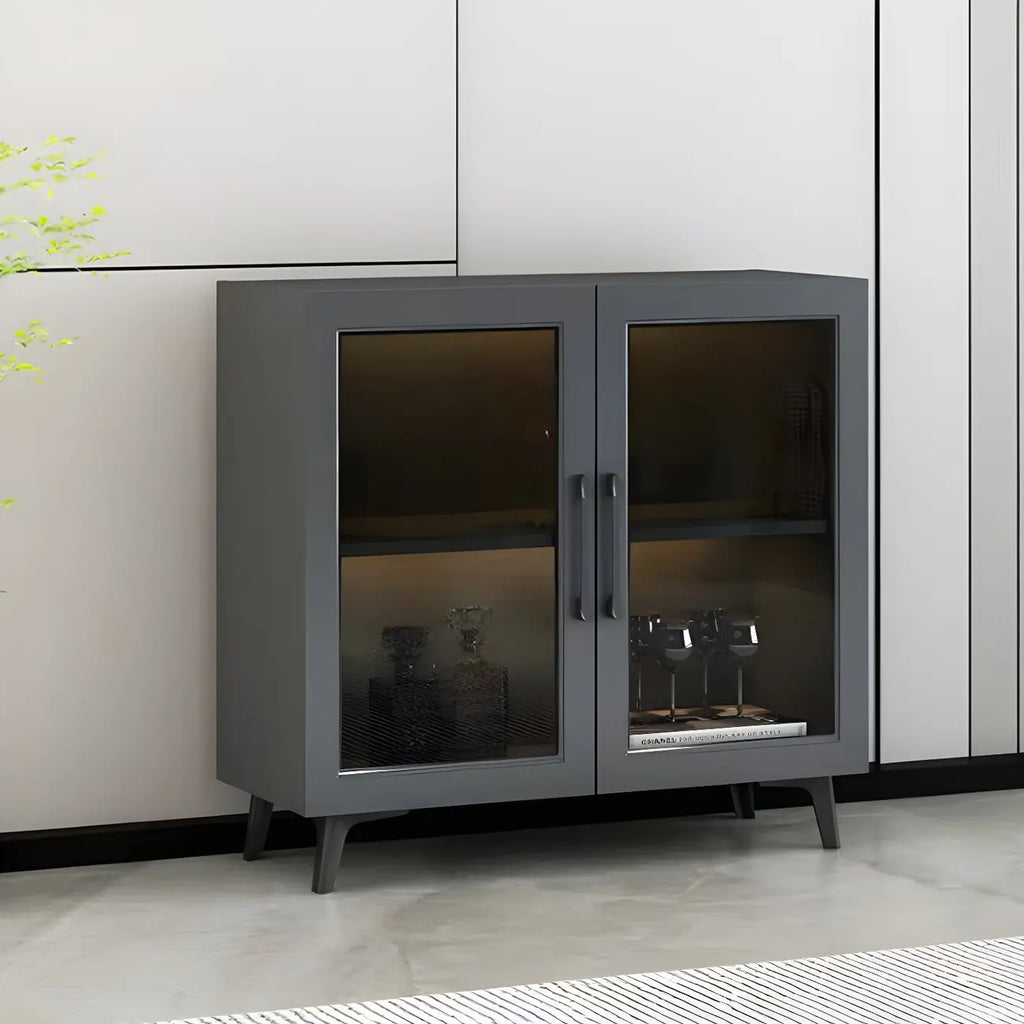 Vitrine moderne grise avec base en métal et porte en verre