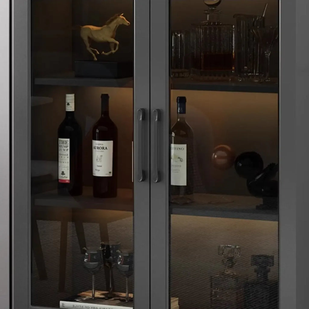 Vitrine moderne grise avec base en métal et porte en verre