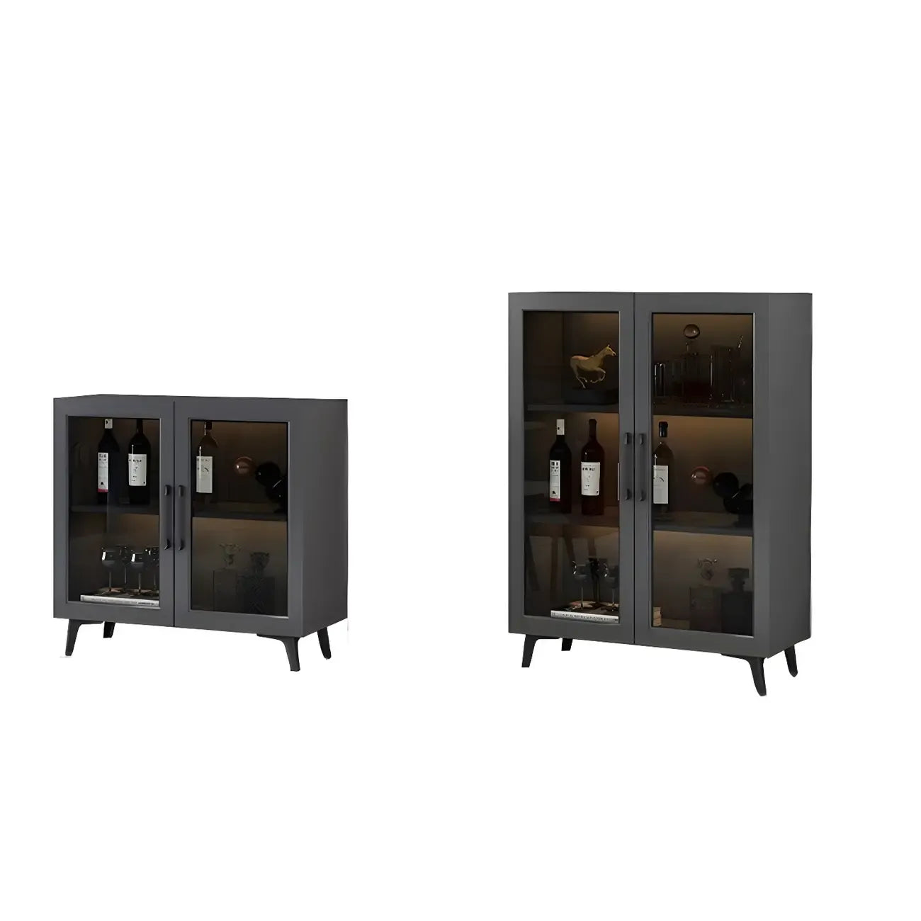 Vitrine moderne grise avec base en métal et porte en verre