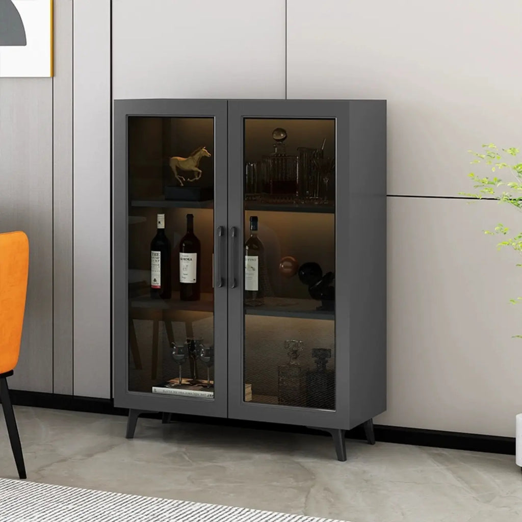 Vitrine moderne grise avec base en métal et porte en verre