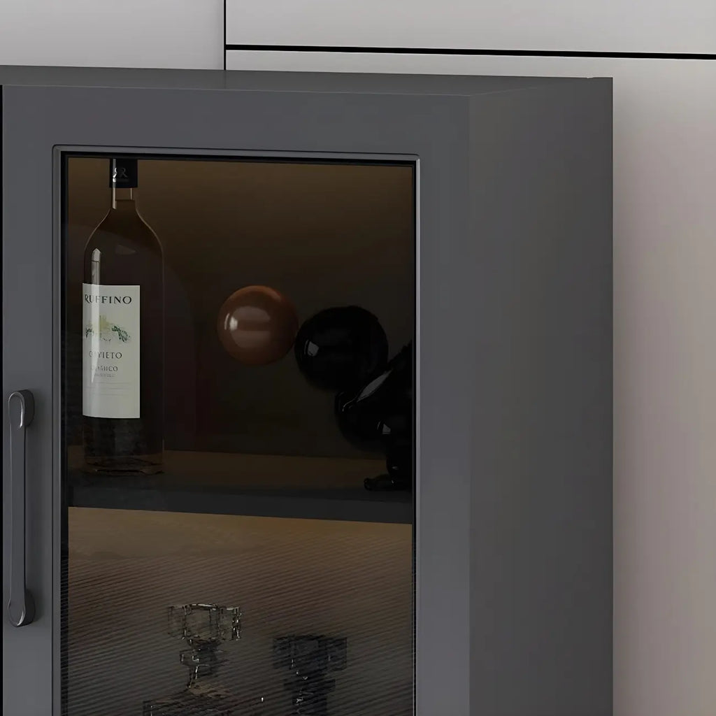 Vitrine moderne grise avec base en métal et porte en verre