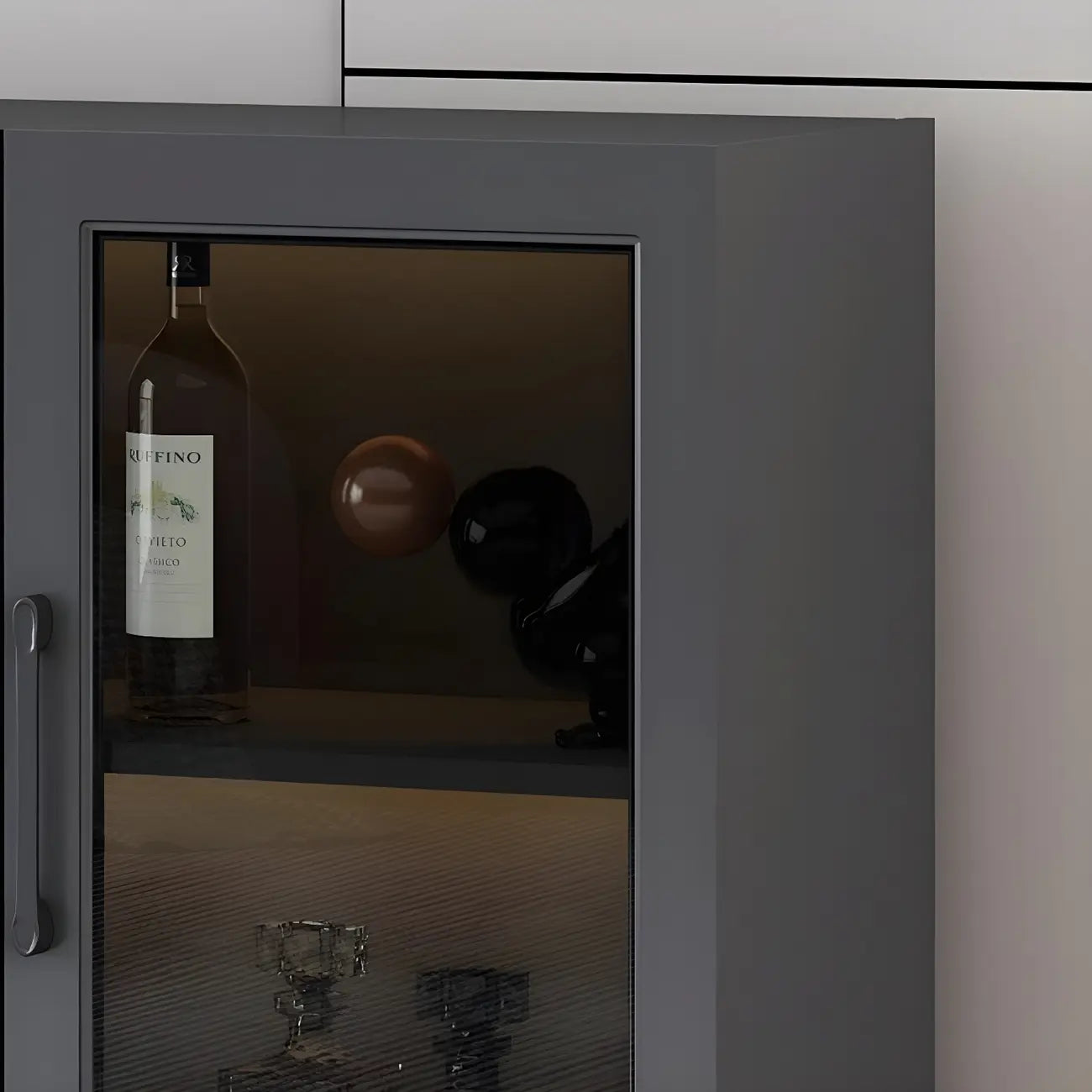 Vitrine moderne grise avec base en métal et porte en verre
