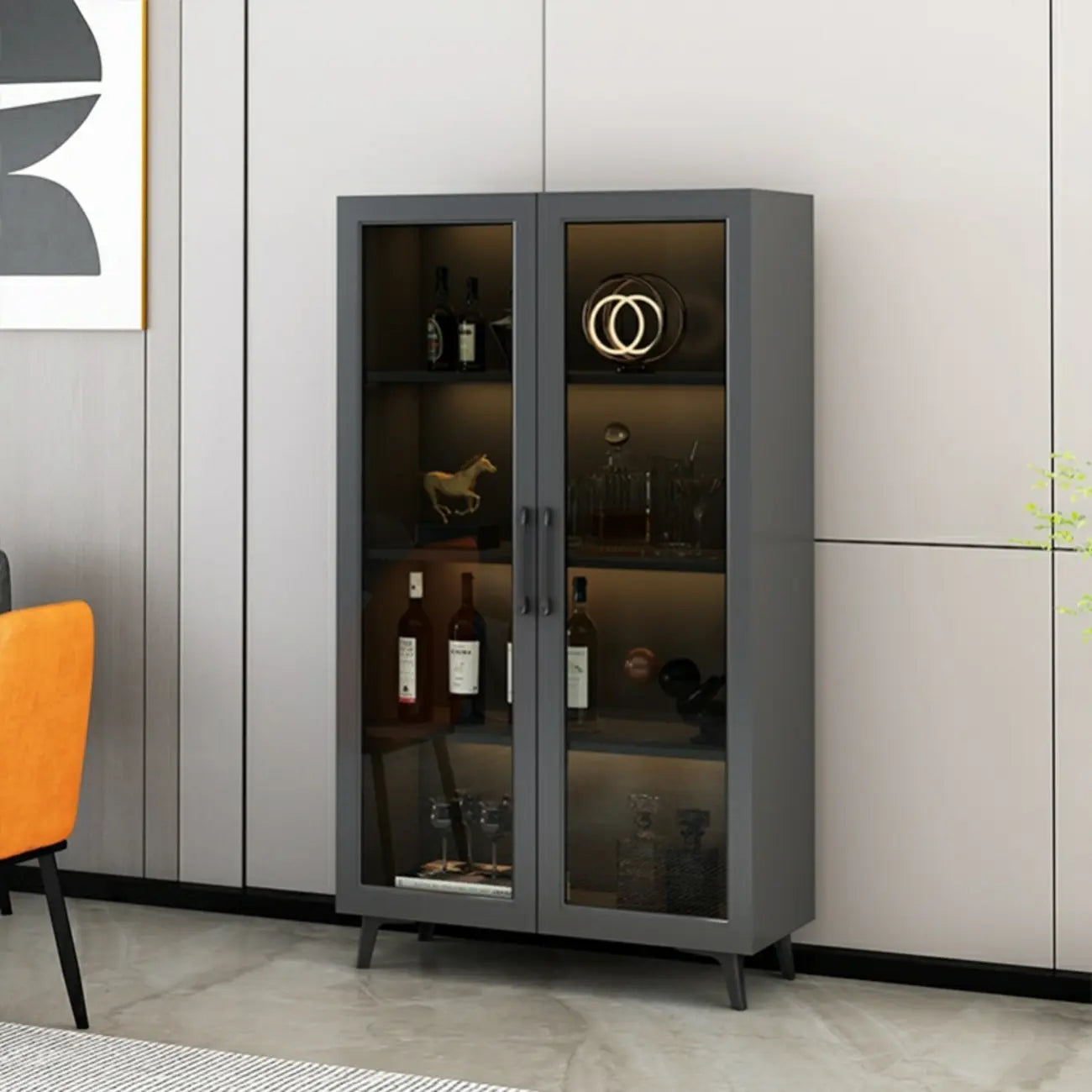 Vitrine moderne grise avec base en métal et porte en verre