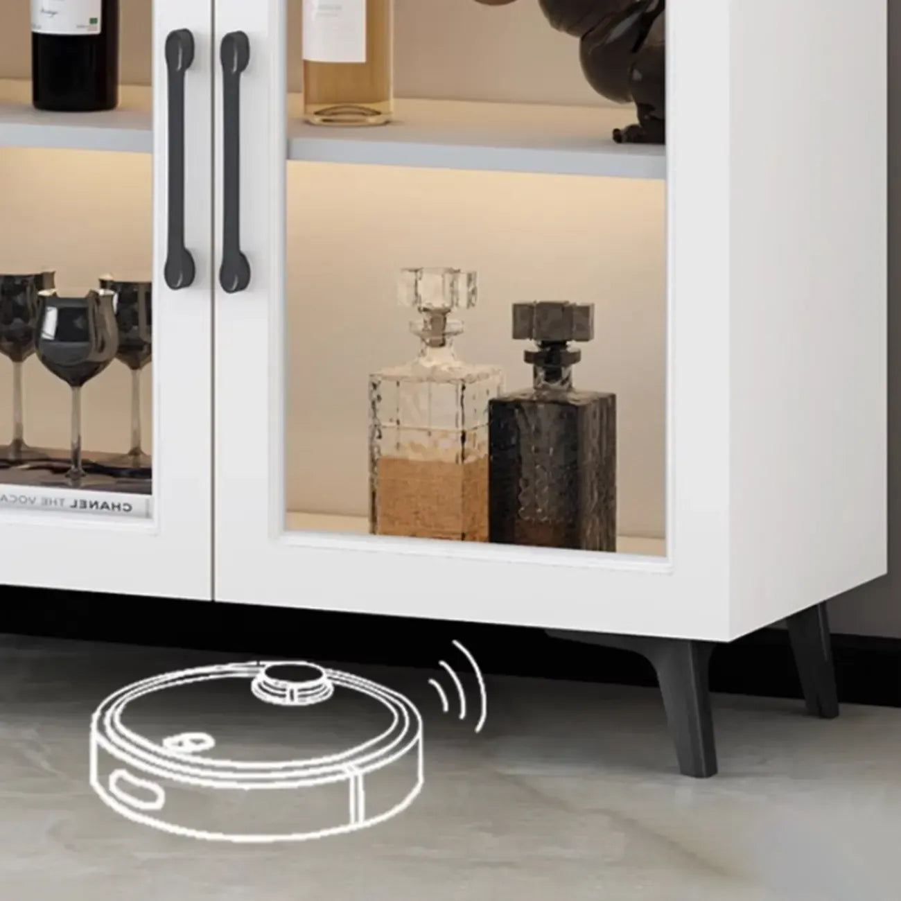 Vitrine moderne grise avec base en métal et porte en verre
