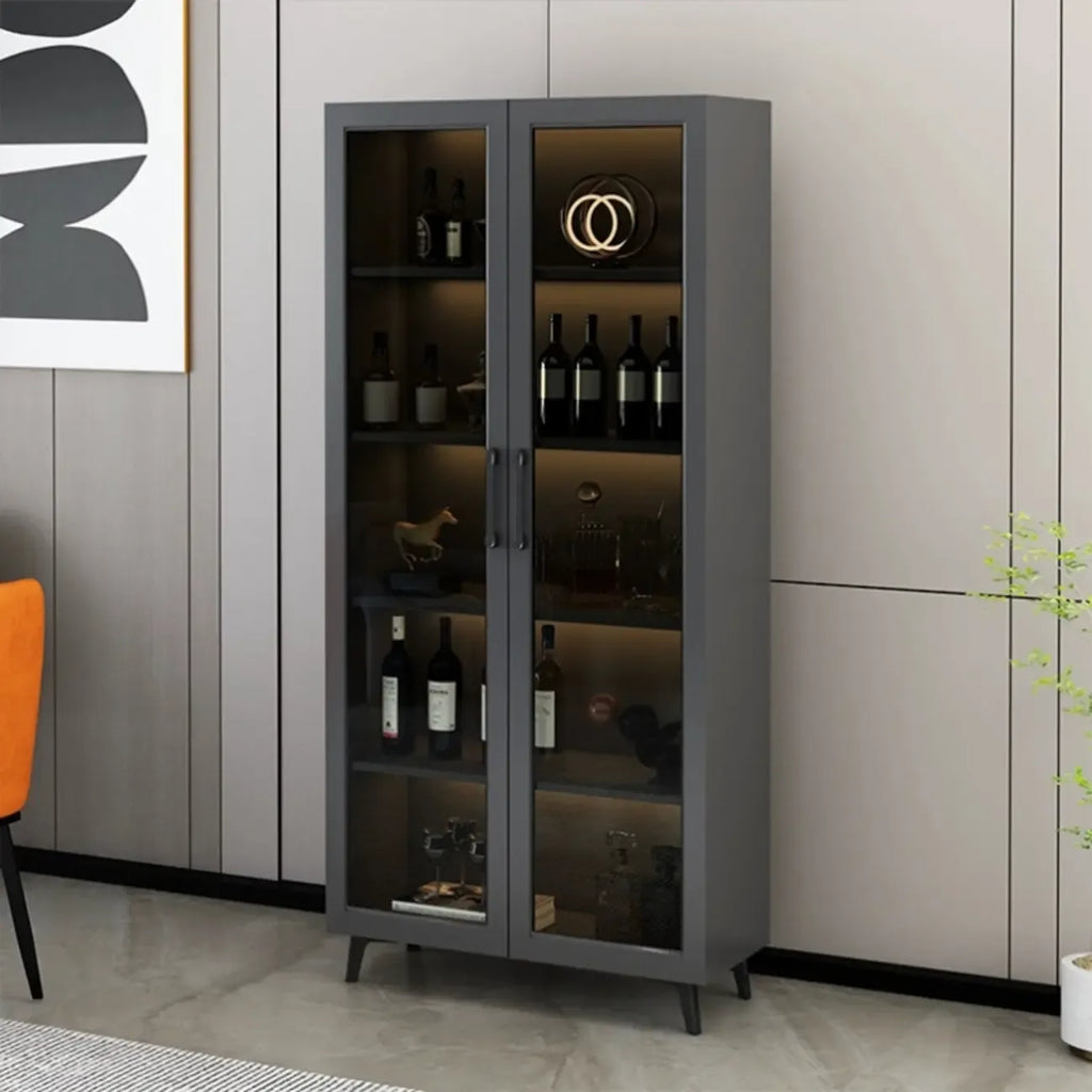 Vitrine moderne grise avec base en métal et porte en verre