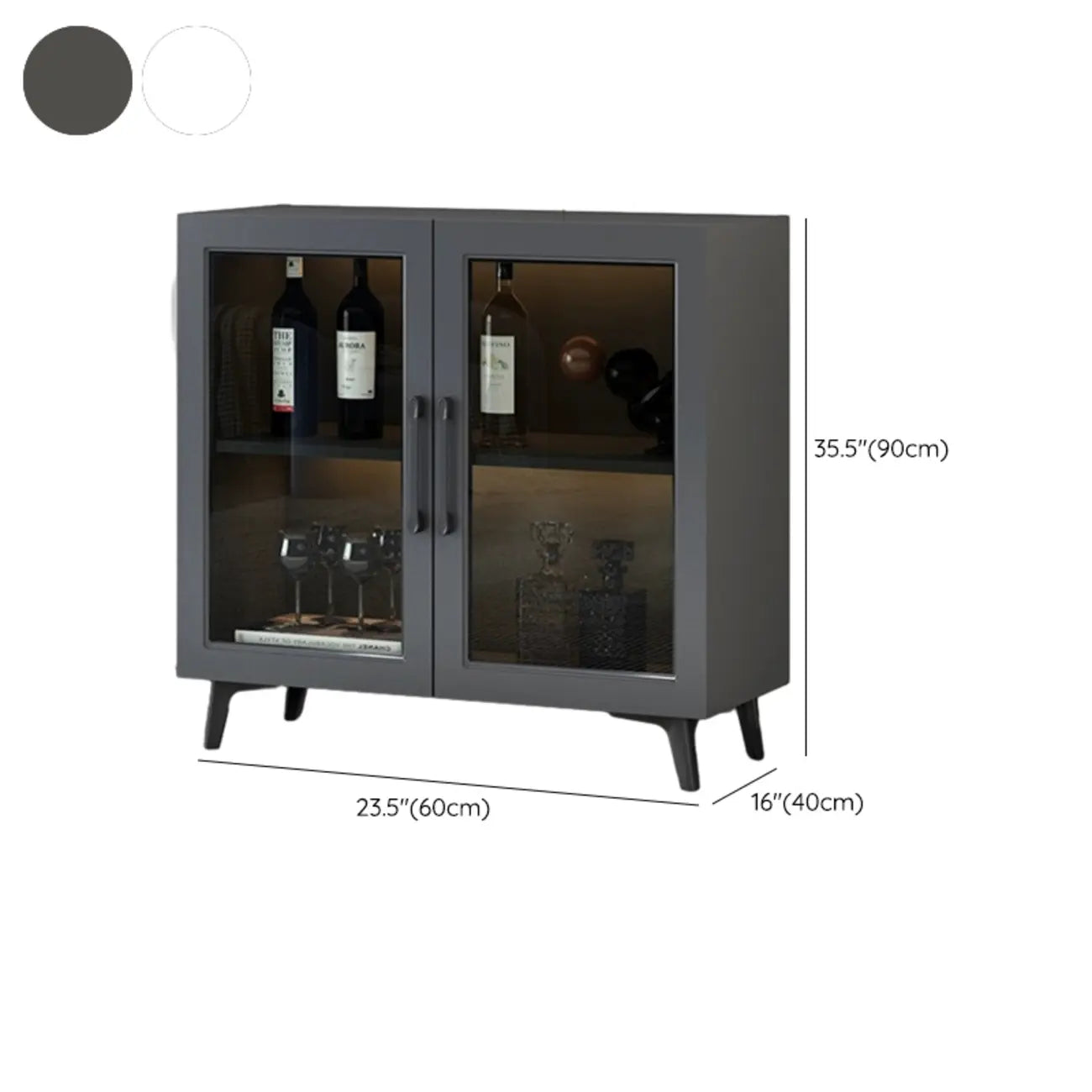 Vitrine moderne grise avec base en métal et porte en verre