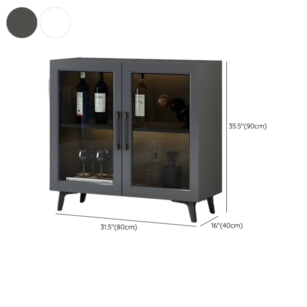 Vitrine moderne grise avec base en métal et porte en verre