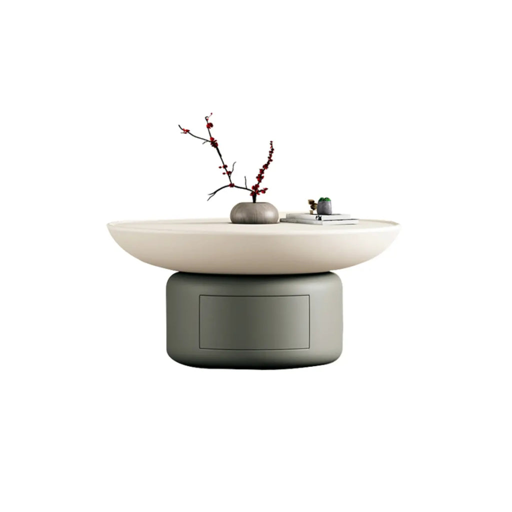 Table basse ronde minimaliste en bois gris et blanc avec tiroir
