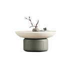 Table basse ronde minimaliste en bois gris et blanc avec tiroir