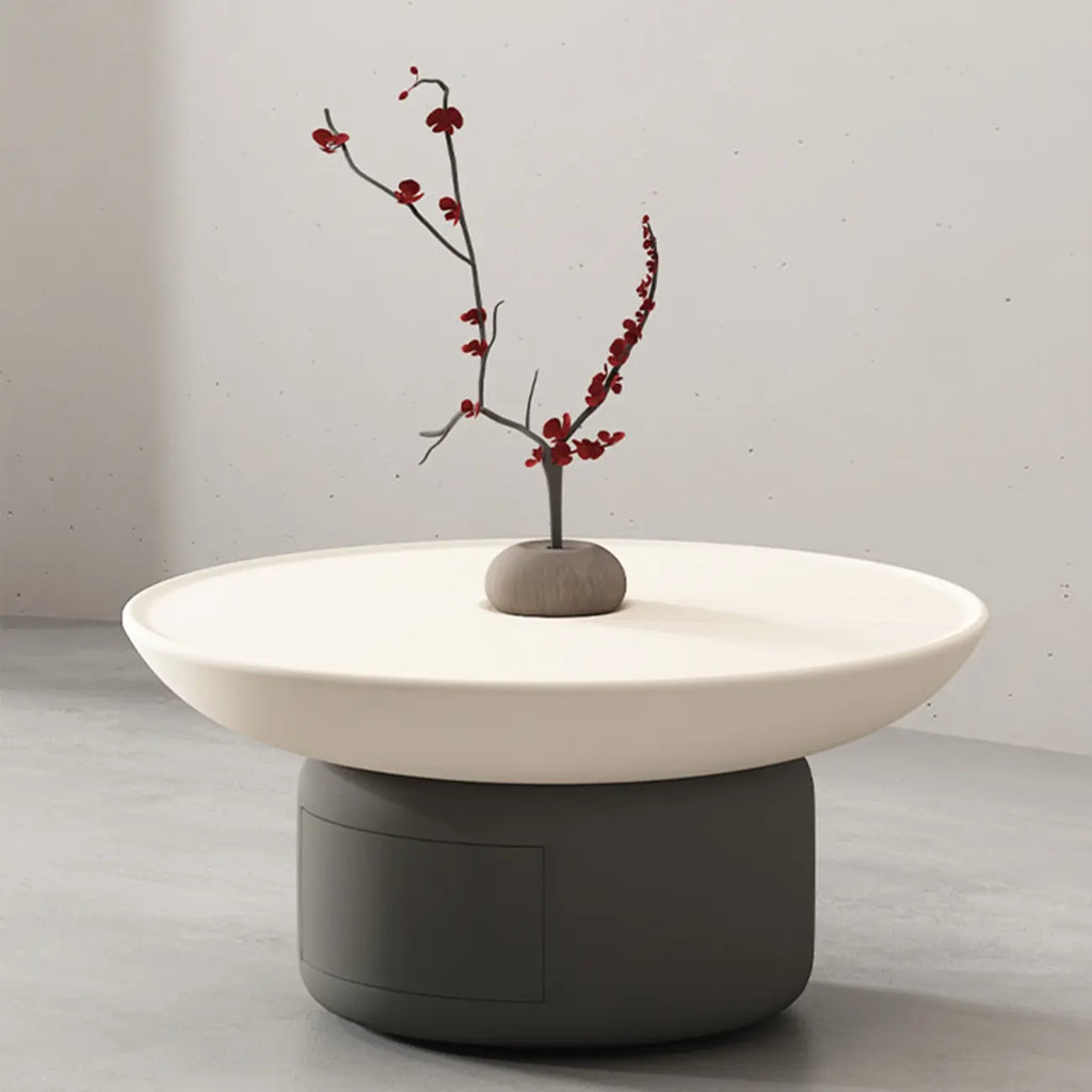 Table basse ronde minimaliste en bois gris et blanc avec tiroir