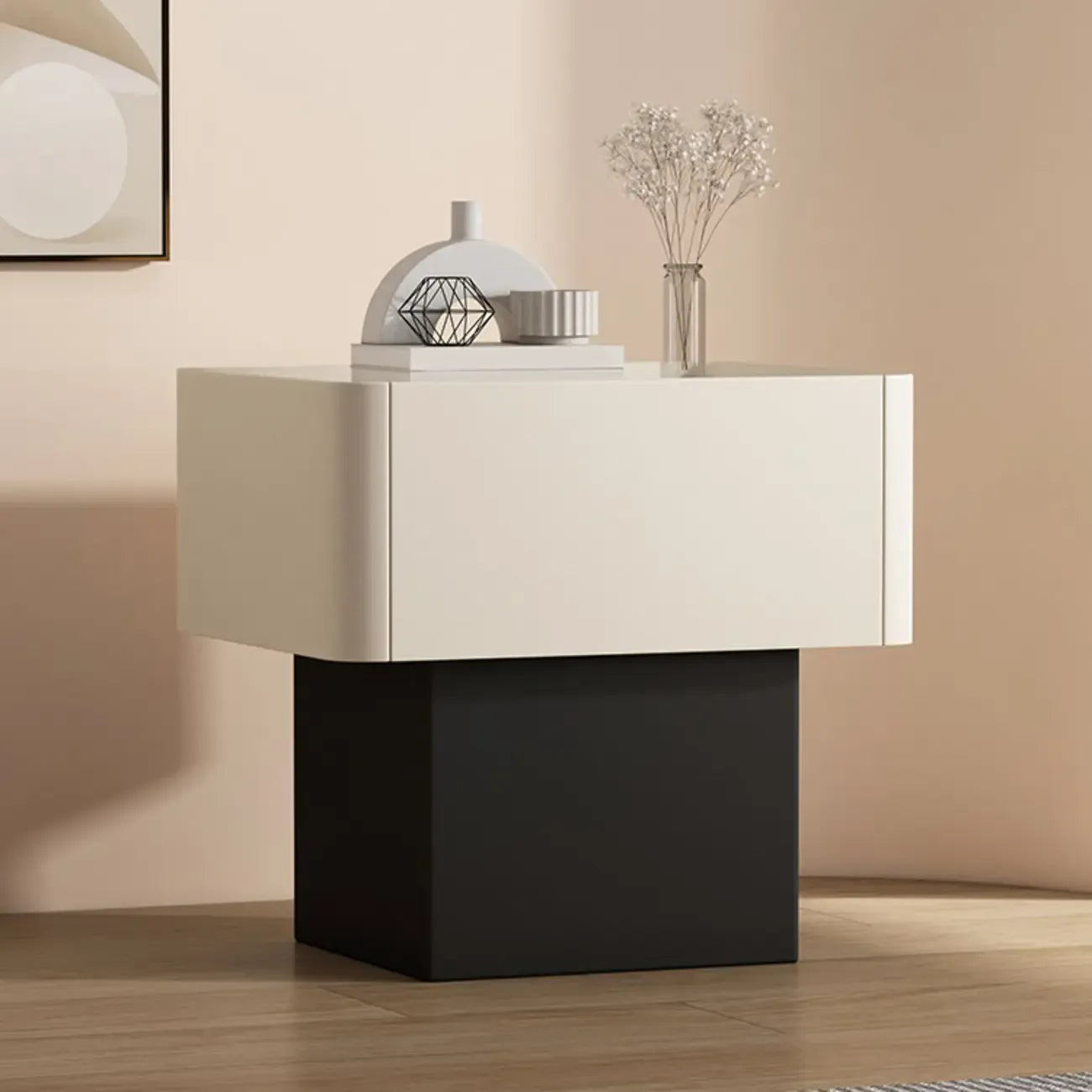 Table de chevet moderne à tiroirs en similicuir avec plateau en pierre